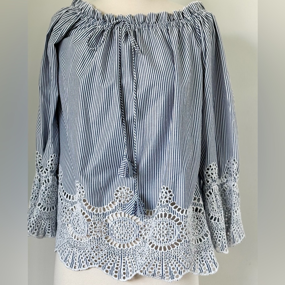 Tolani Blue White Striped Crochet Lace Trim Tassel Tie Top Size Medium